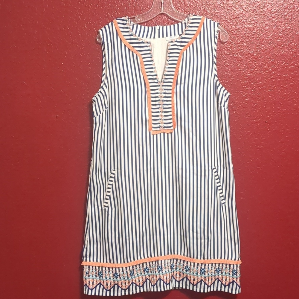 CABANA LIFE Embroided- Blue/White Striped Pockets Sleeveless Mini Dress UPF50 + - Picture 3 of 13